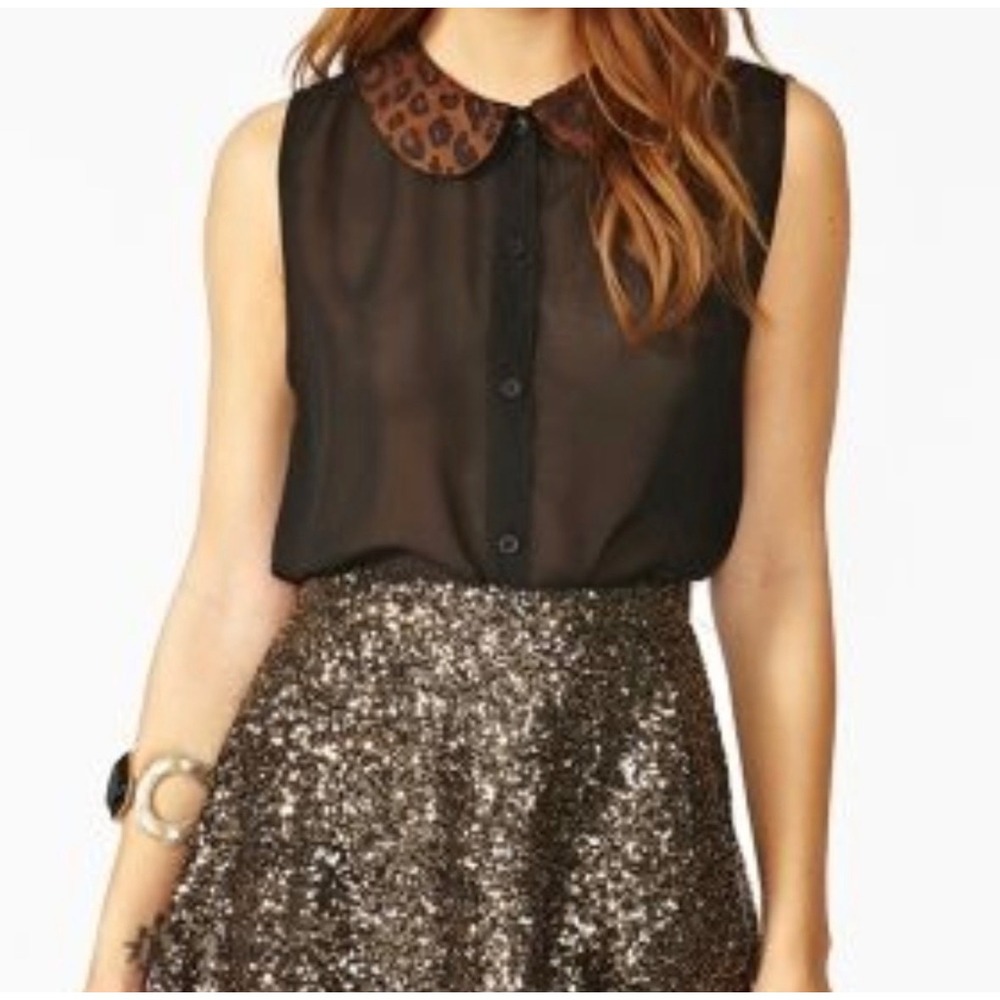 (CL) Nasty Gal Black Sheer Sleeveless Blouse Leopard Peter Pan Collar Small